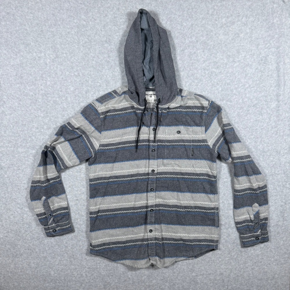 Billabong Mens Medium Hooded Flannel Shirt Grey Blue Striped y2k Skater Surf